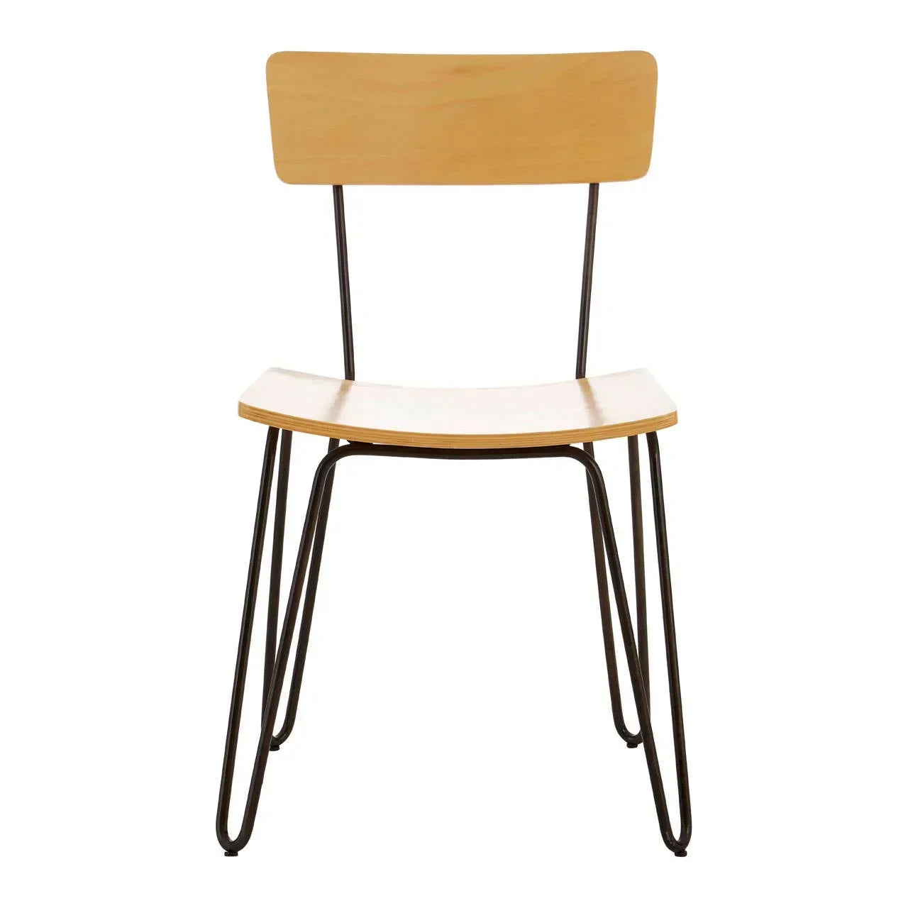 Wood and metal dining chair with curved seat and hairpin legs, front view