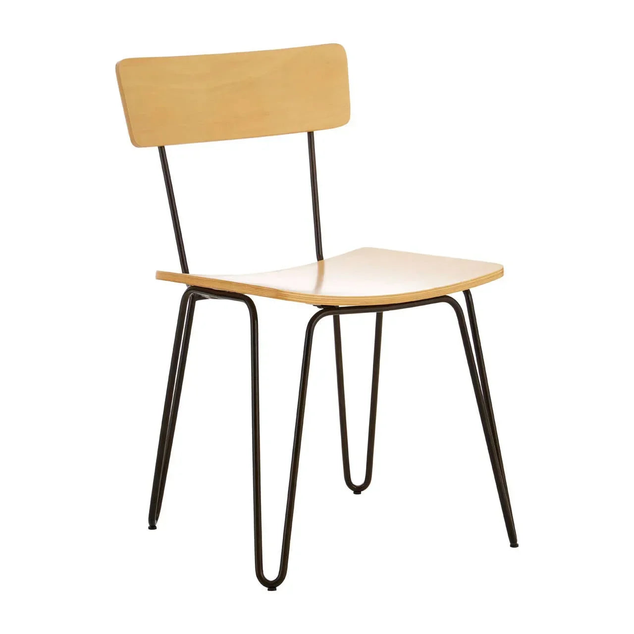 Modern wooden dining chair with curved plywood seat and black metal legs
