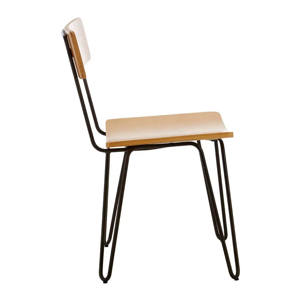 Side view of wooden dining chair with metal frame and minimalist design