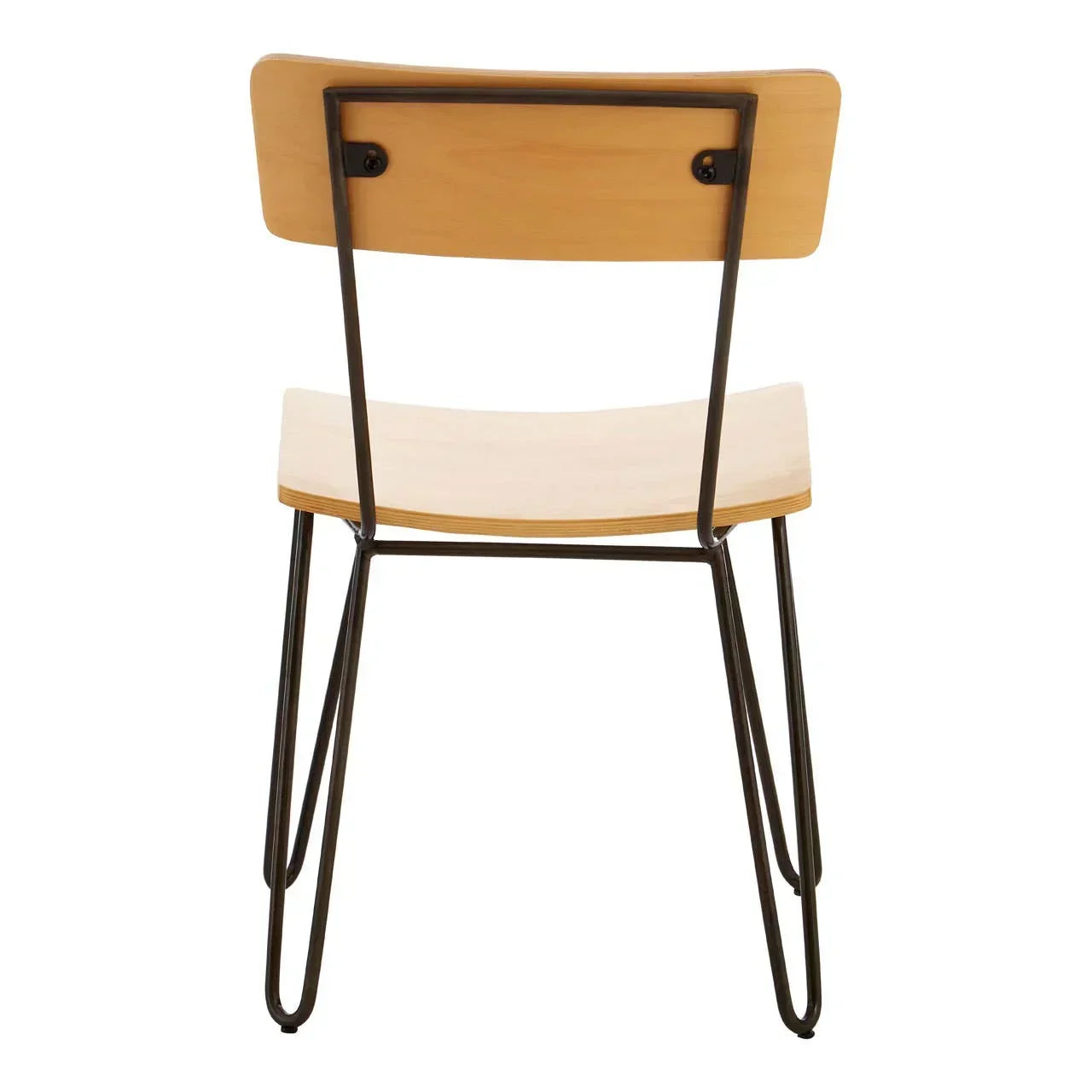 Back view of dining chair with light wood seat and black metal frame