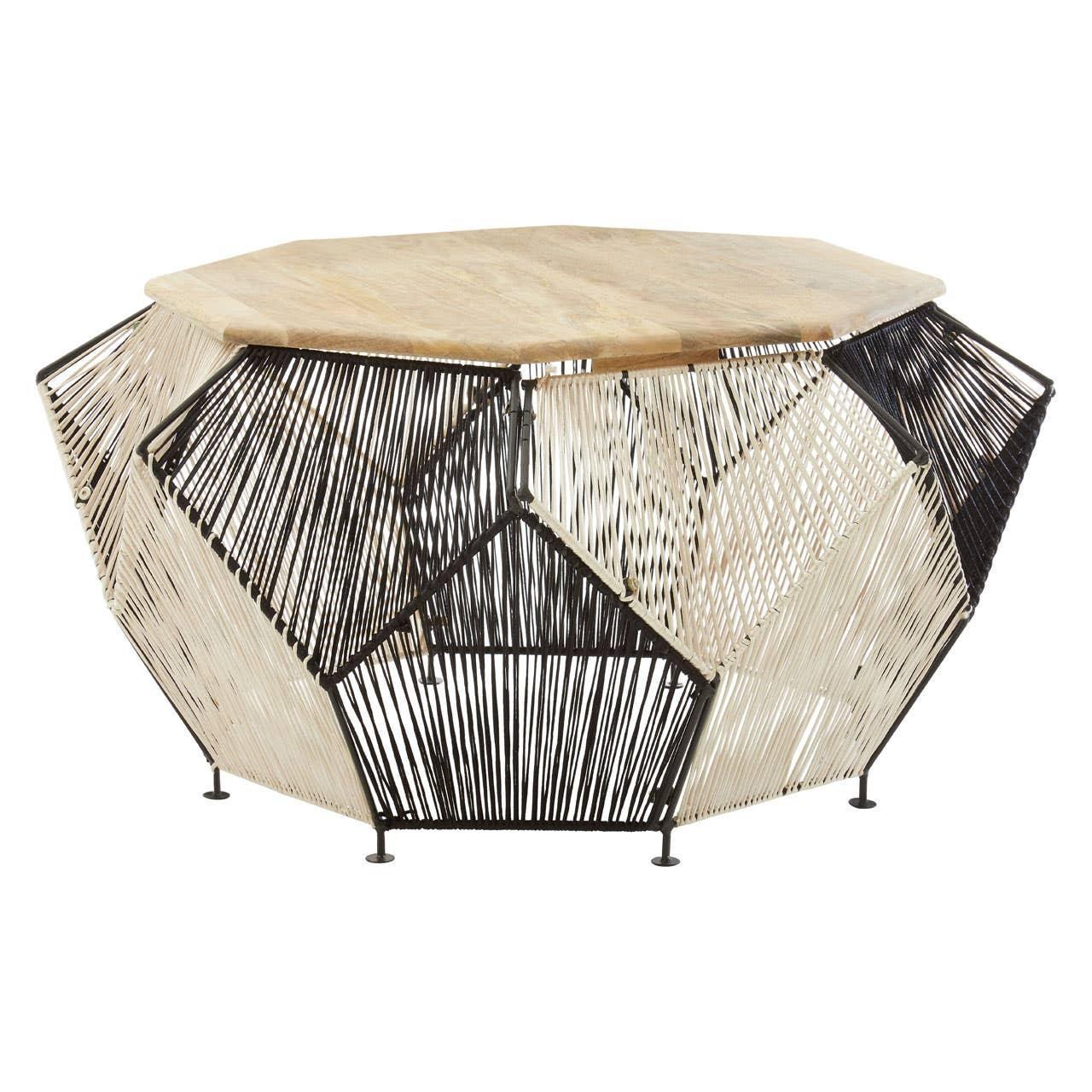 Geometric coffee table with wooden top and black white woven cord sides on metal frame