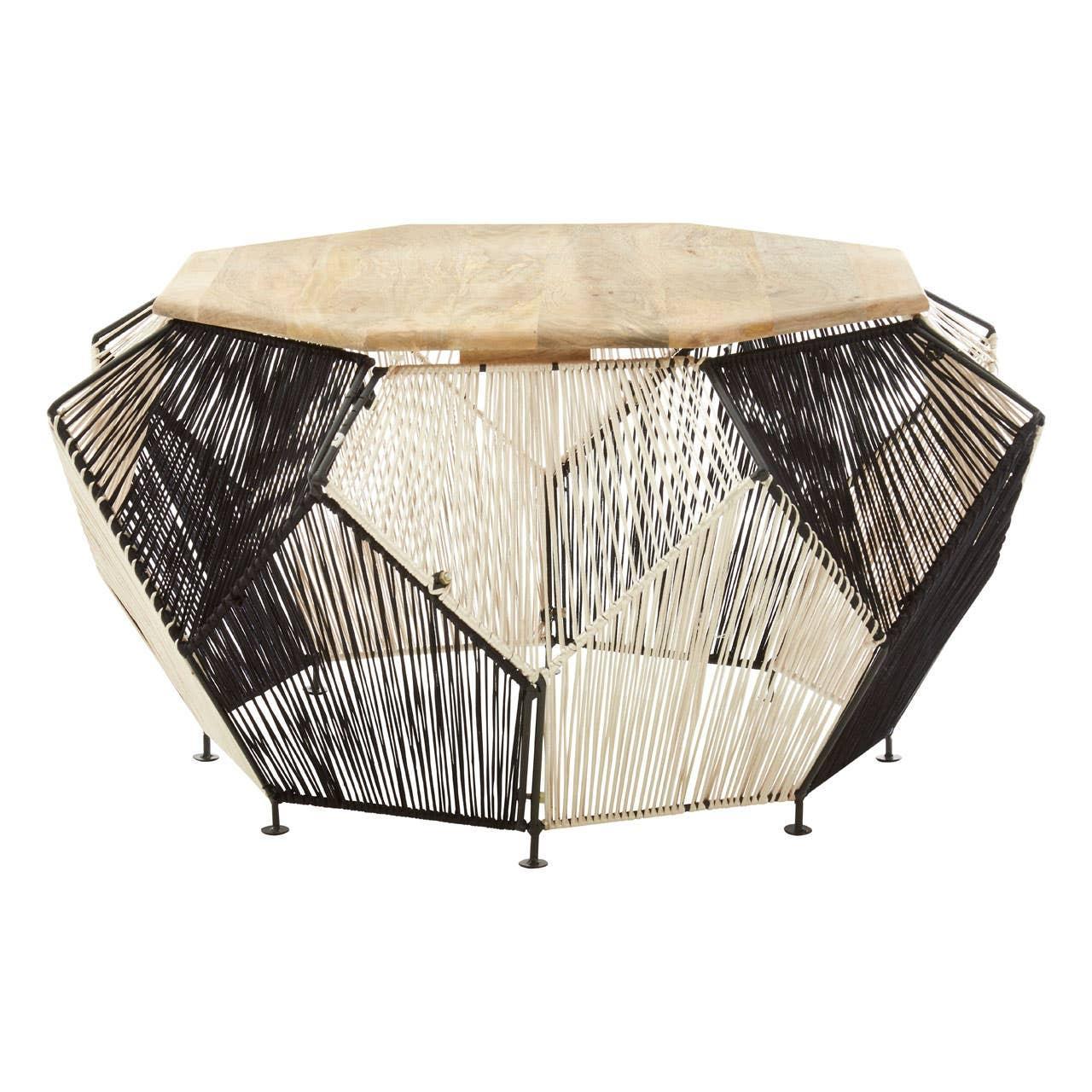 Geometric coffee table with wooden top and black and white woven metal base