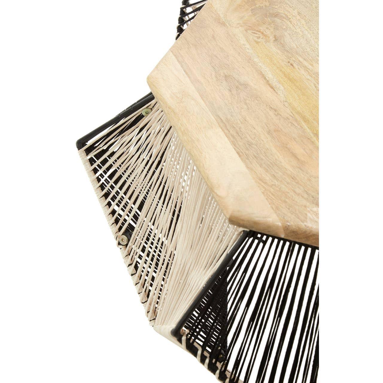 Hexagonal wood coffee table with black and white rope detail on metal frame, closeup view