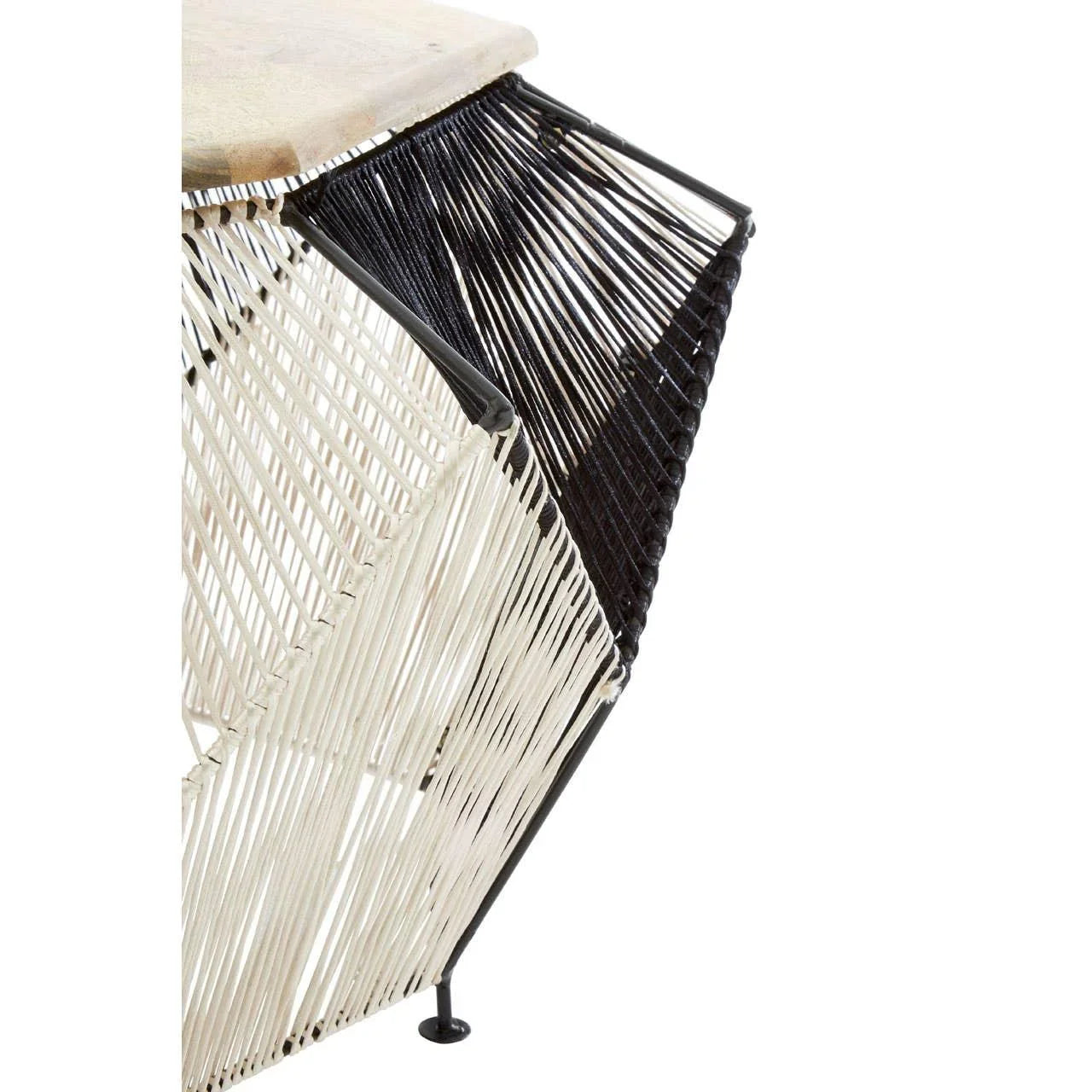 Closeup of modern side table with woven black and white cord base and light wood top