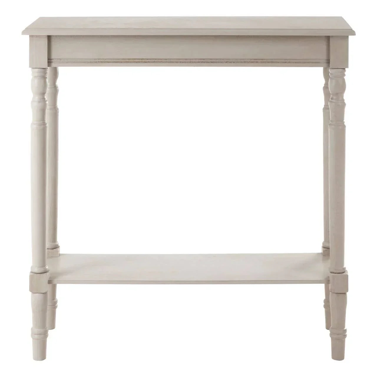Light wood console table with lower shelf and turned legs, front view