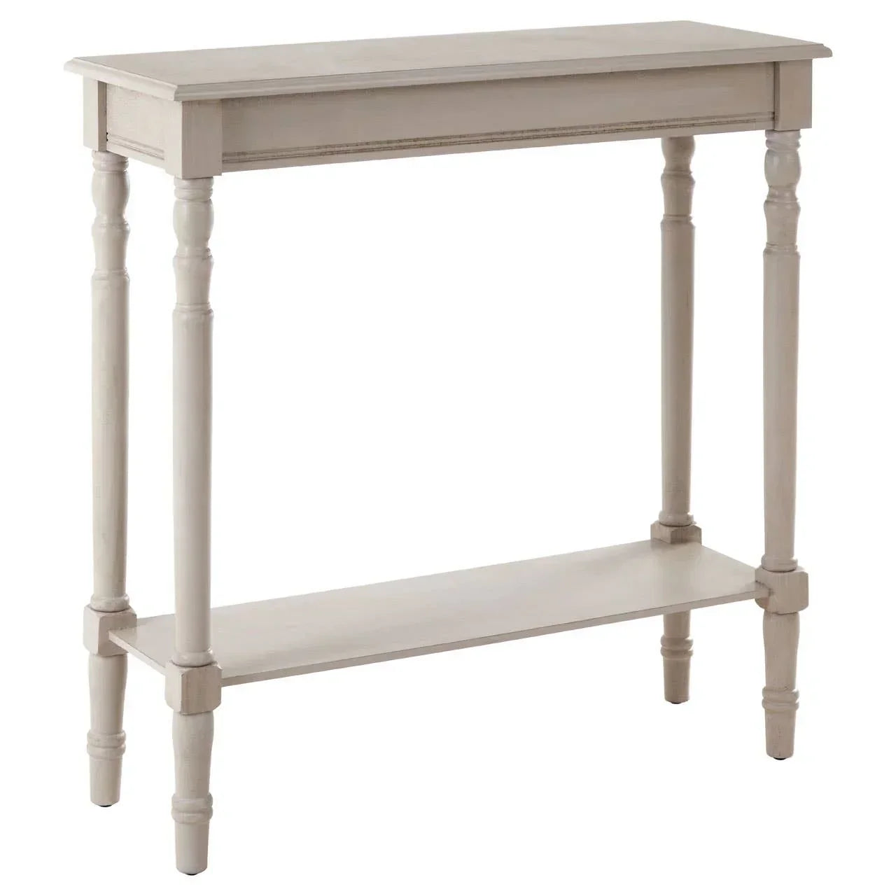 Narrow console table with light wood finish, turned legs and lower display shelf