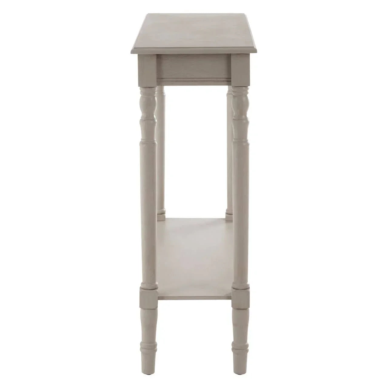 Narrow console table in light wood with turned legs and lower shelf, side view