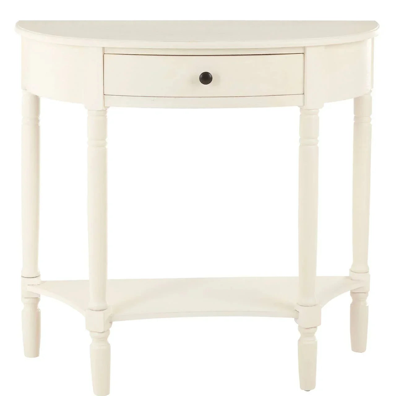 White wooden console table with single drawer and lower shelf, front view