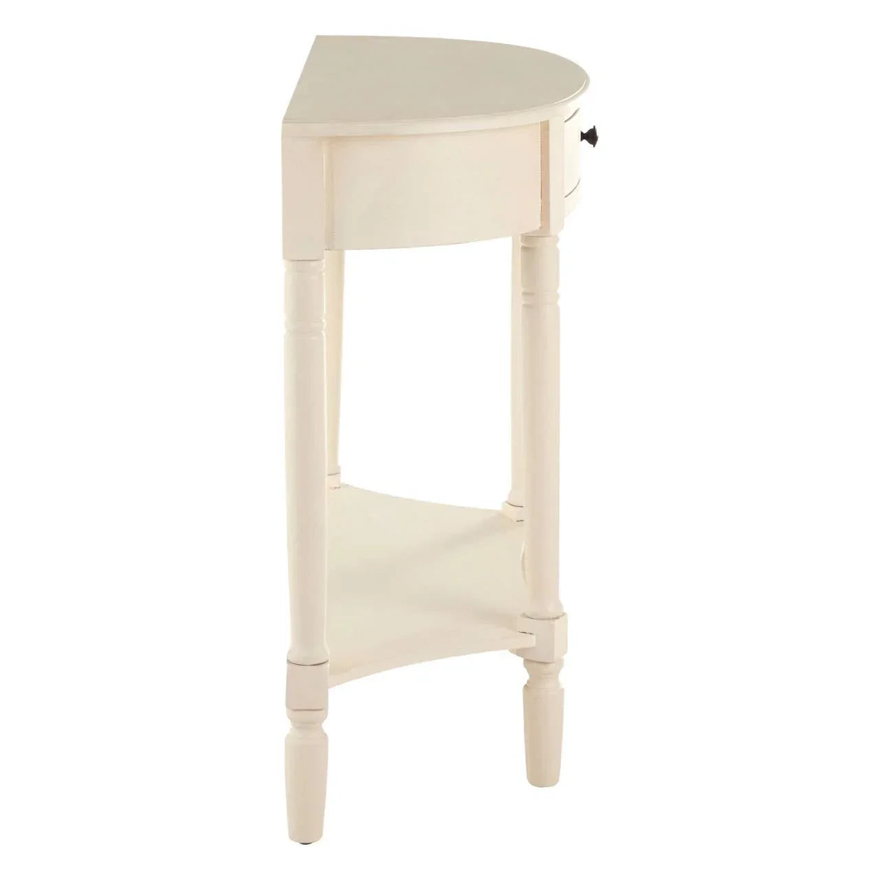 Cream wooden console table with single drawer and lower shelf, side angle view