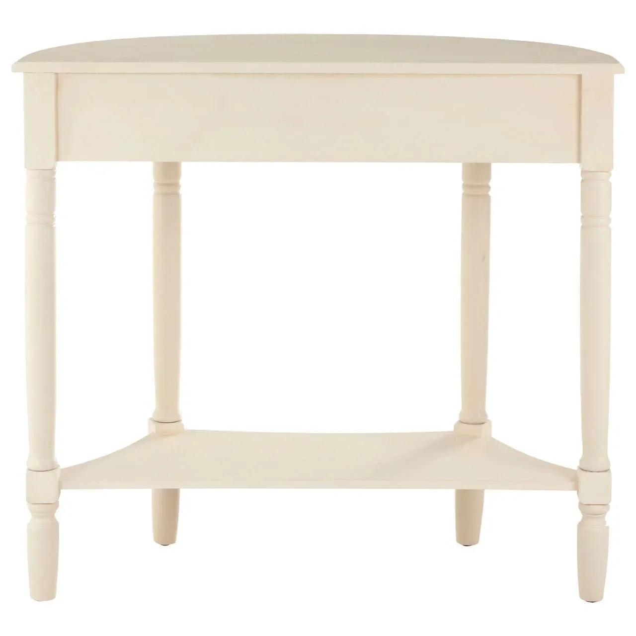 Cream wooden console table with lower shelf and turned legs, front view