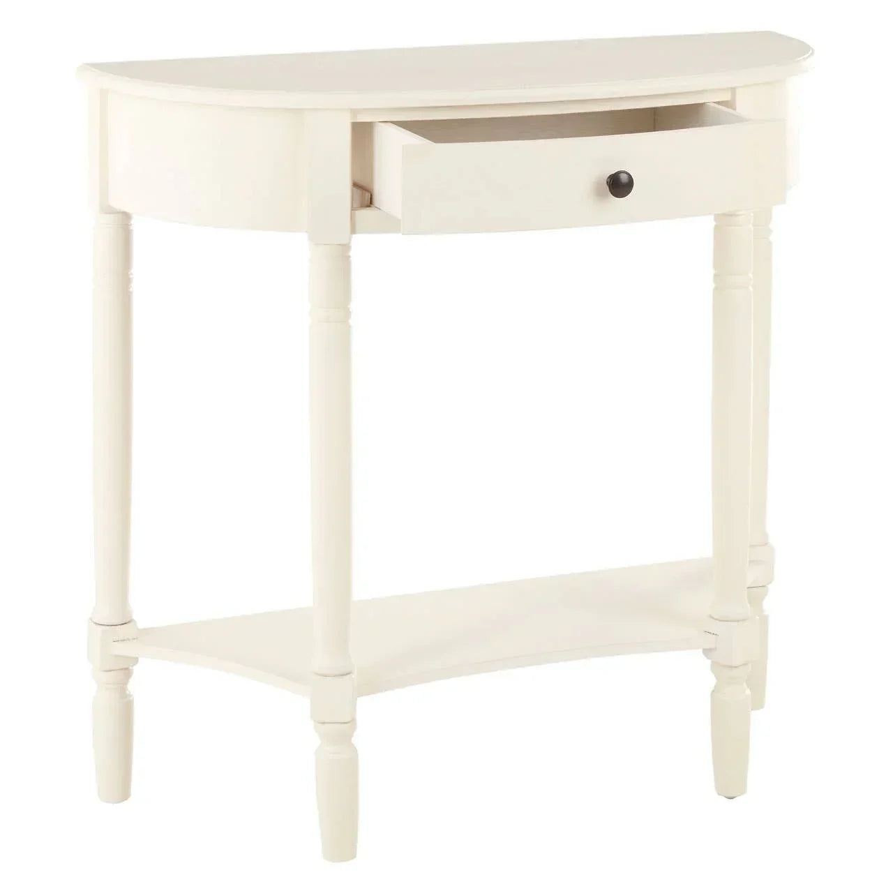 Cream console table with single drawer, turned legs, and lower shelf