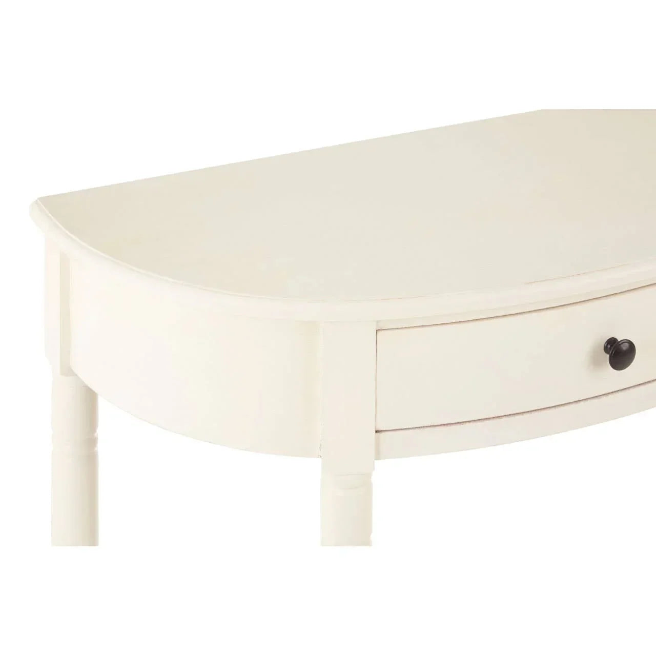 Cream console table with single drawer and black knob front view