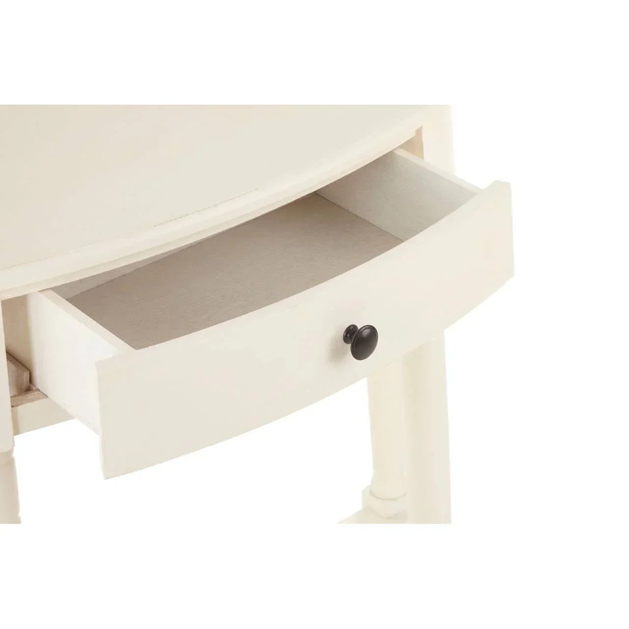 White wooden console table with open drawer and round black handle