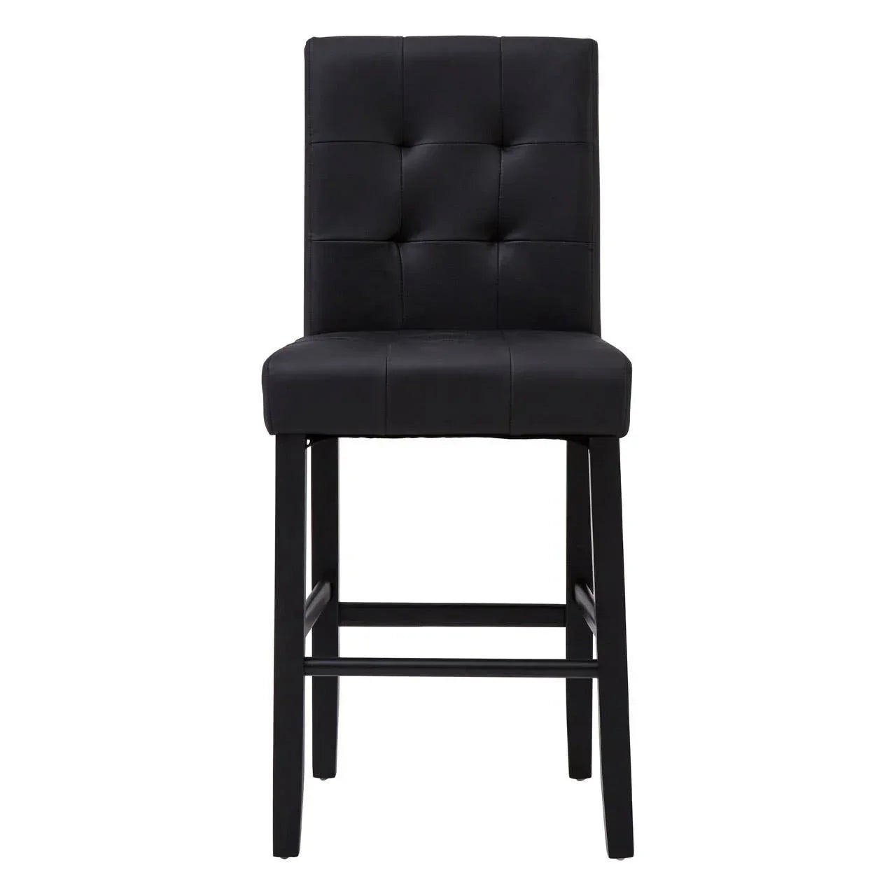 Black faux leather bar stool with tufted backrest and wooden legs, front view