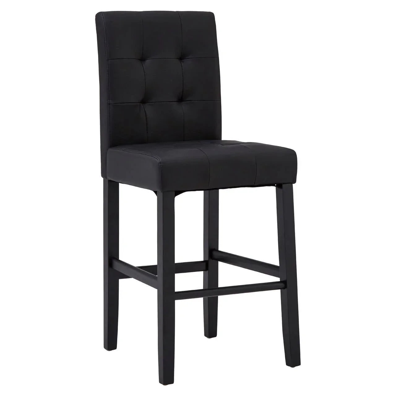 Black leather bar stool with tufted backrest and wooden legs, front angle view