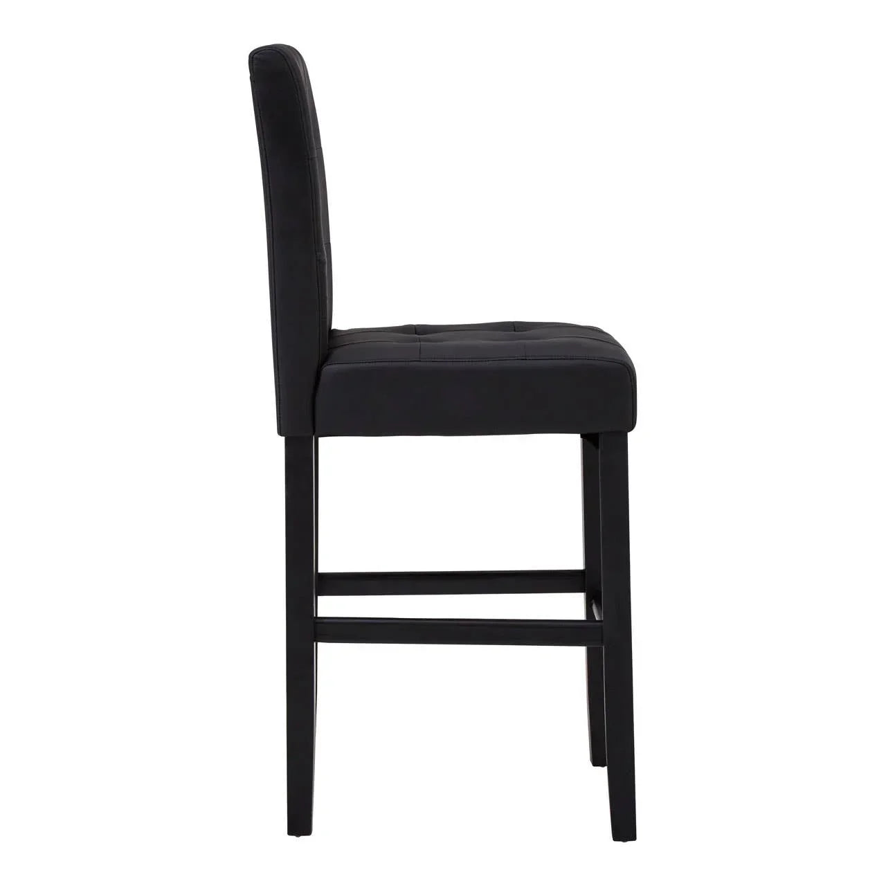 Black upholstered dining chair with cushioned seat and straight wooden legs, side view
