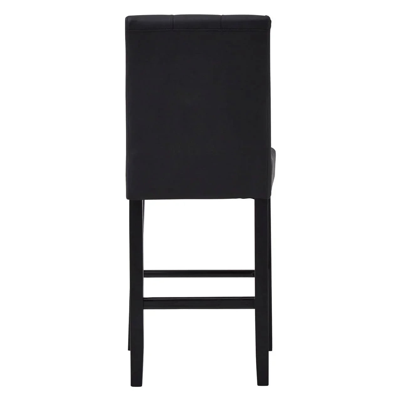 Black leather bar stool with tall cushioned backrest, rear view