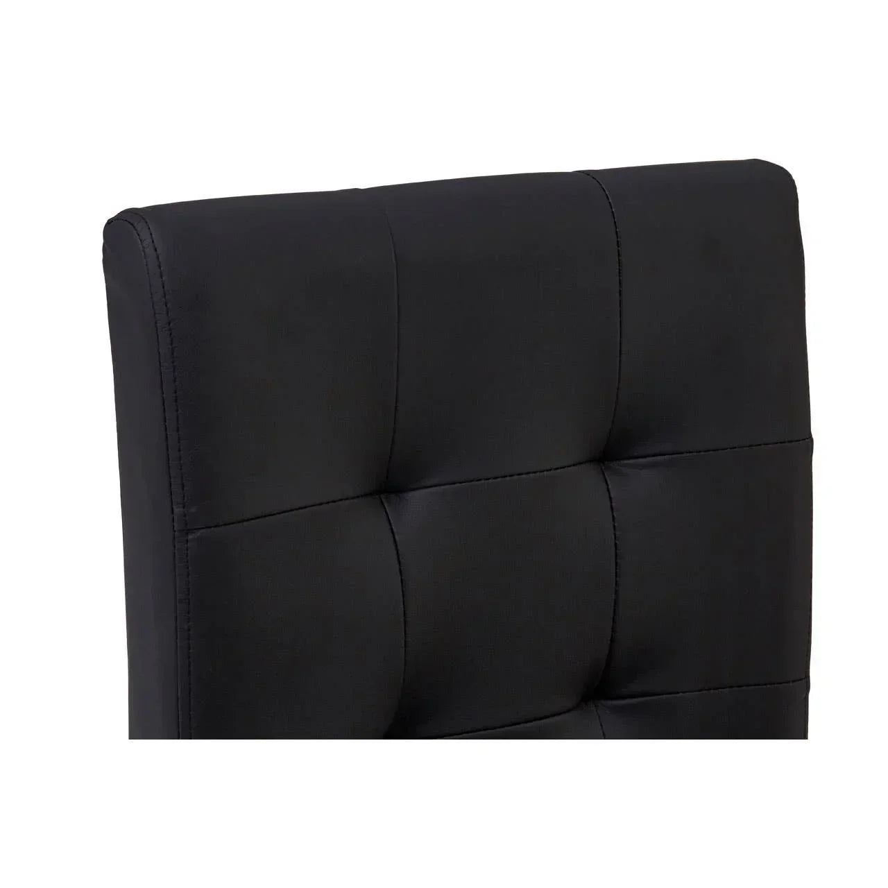 Black faux leather dining chair with square stitched padded backrest detail, close view