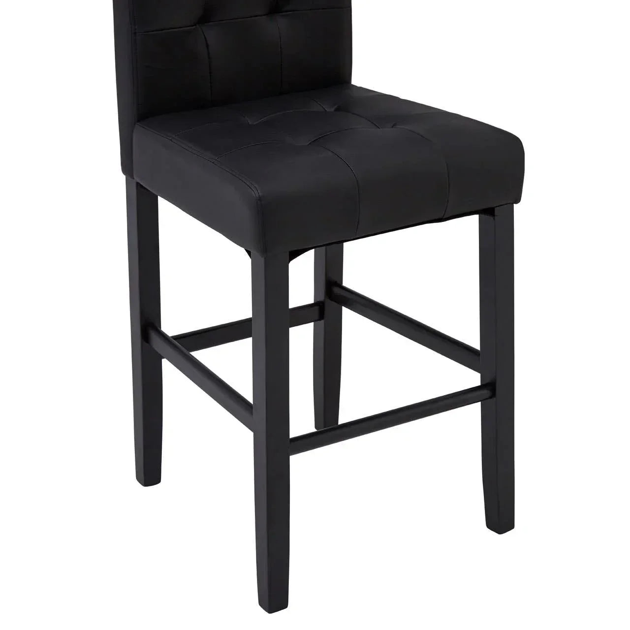Black leather bar stool with tufted seat and wooden legs, front angled view
