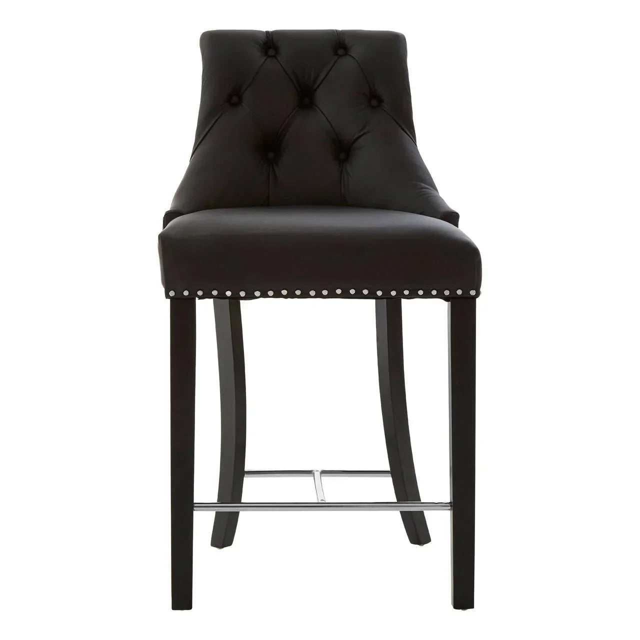 Black upholstered bar stool with button tufted back and nailhead trim, front view