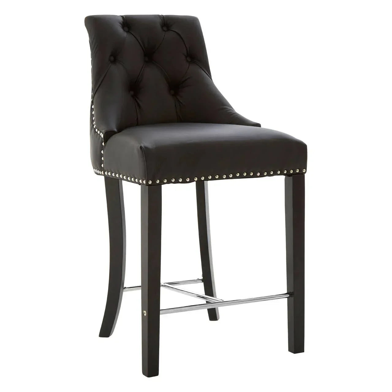 Black leather bar stool with button tufted backrest, silver nailhead trim, and wood legs