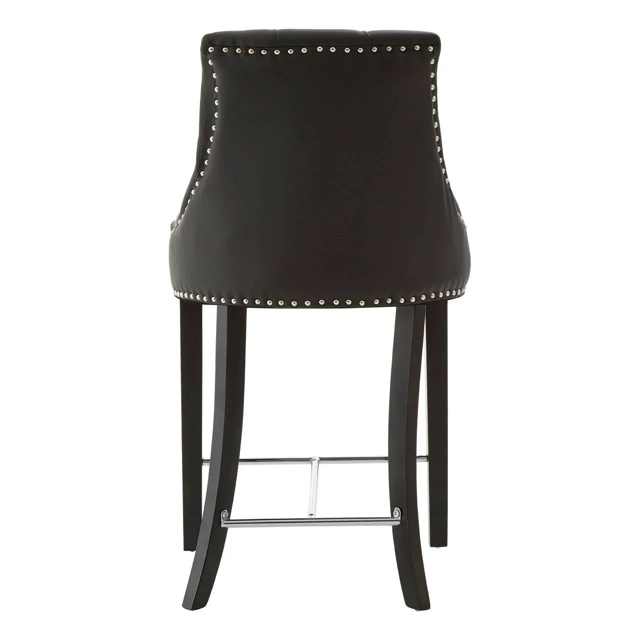 Black bar stool with studded trim and curved backrest, rear view