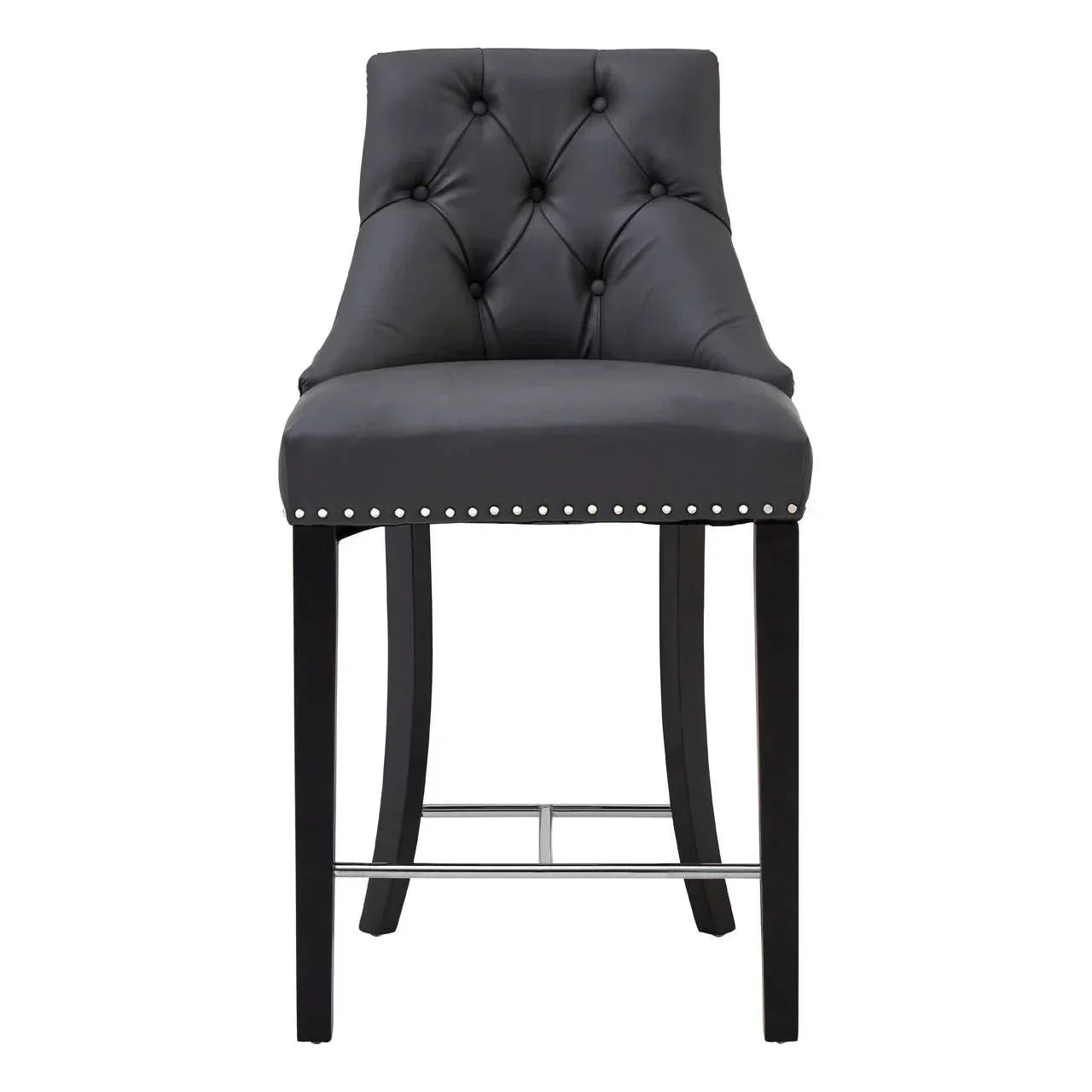 Black leather bar stool with tufted backrest, silver stud trim and black wooden legs