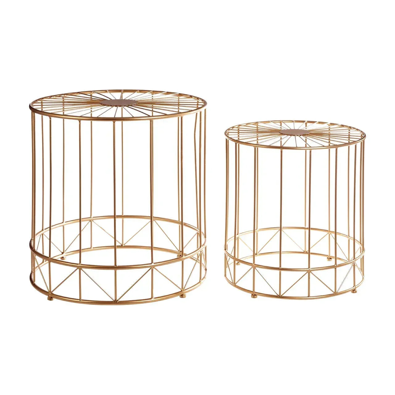 Set of two gold metal side tables with open geometric wire frame design