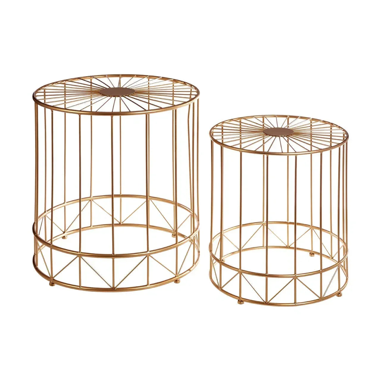 Gold metal wire nesting side tables set with geometric open frame design