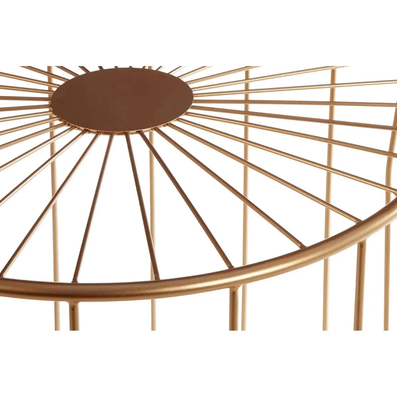 Round gold metal coffee table top with radial wire design, close-up angle
