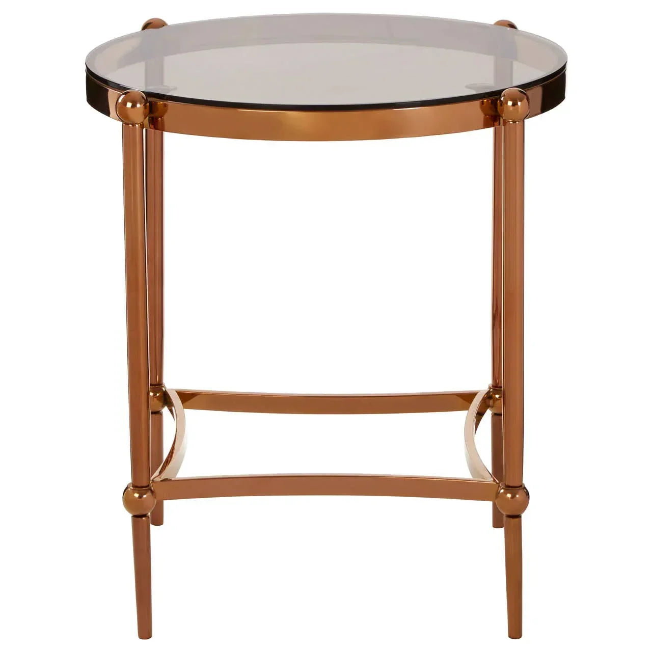 Round glass top side table with gold metal frame, modern design, front angle view