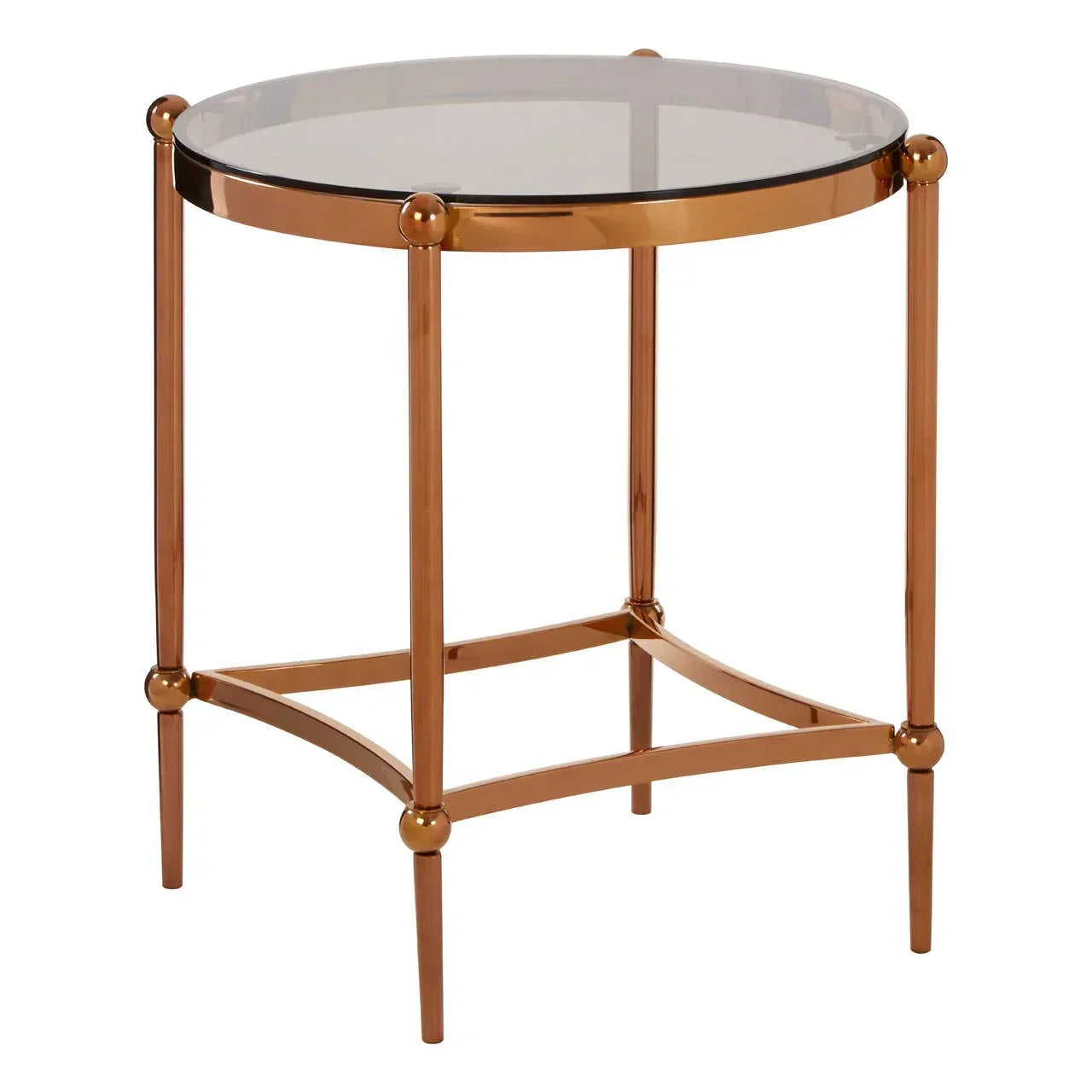 Round glass top side table with gold metal frame and four slender legs