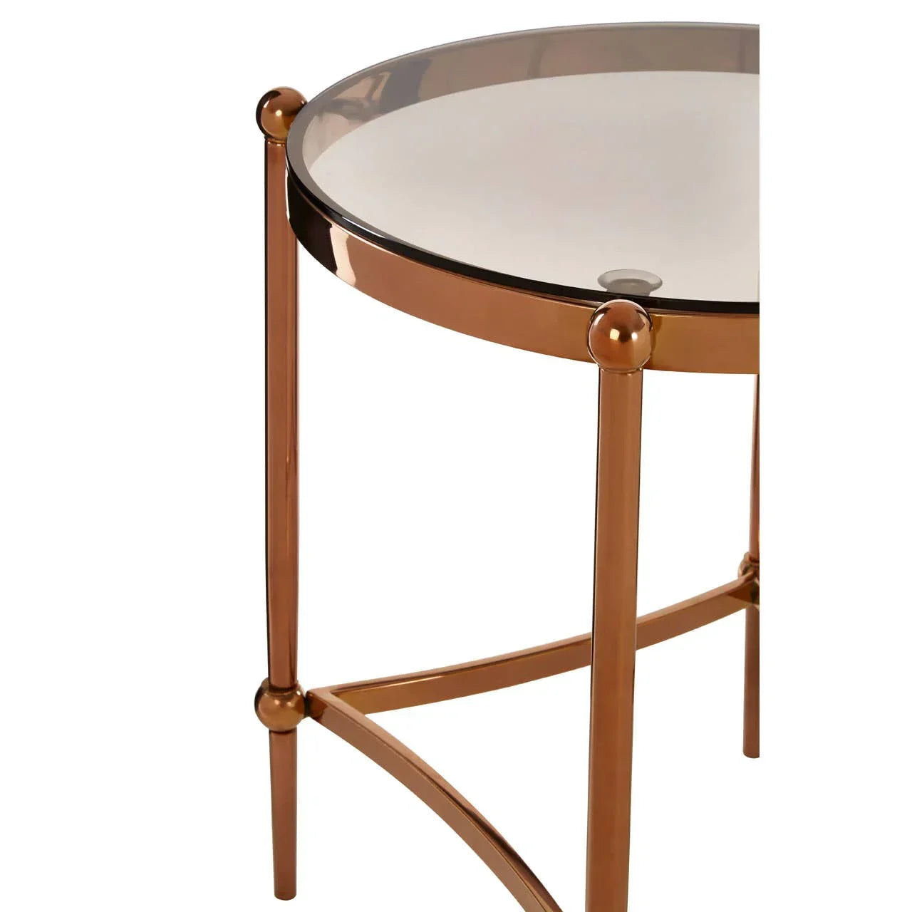 Round glass top side table with gold metal frame and crossed base detail