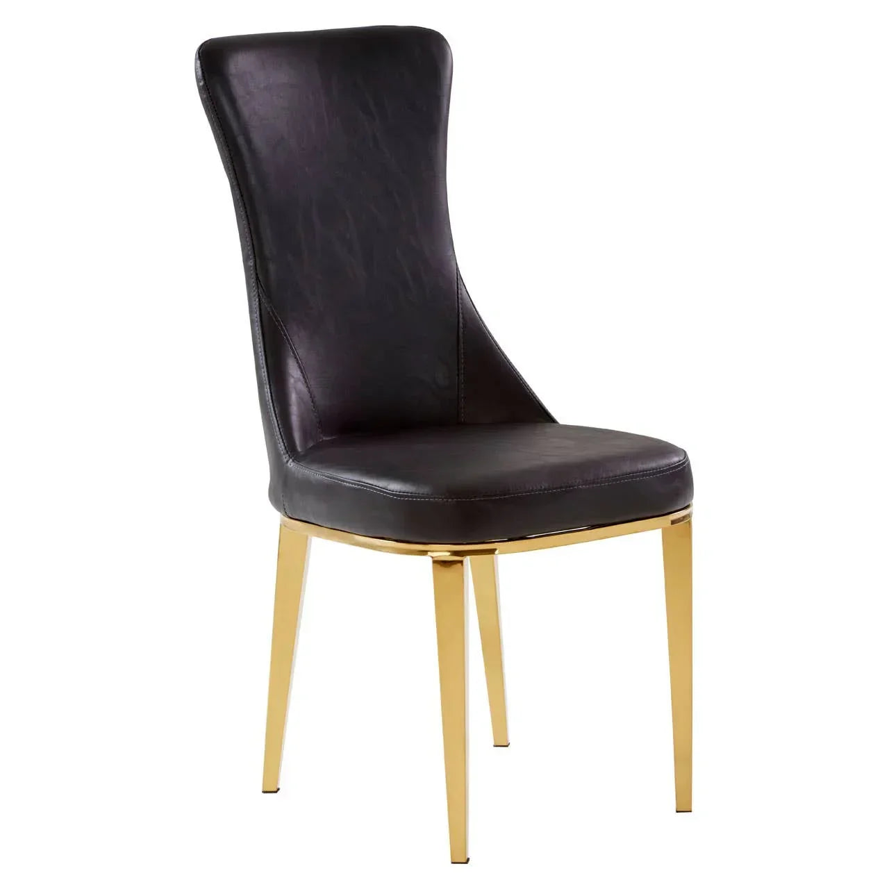 Black leather dining chair with gold metal legs, front angle view