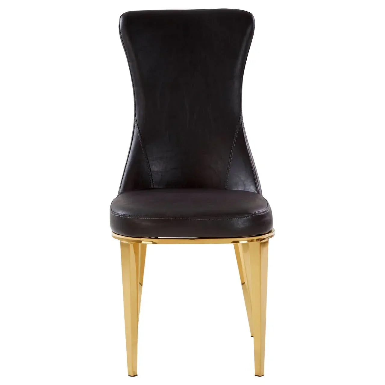 Black leather dining chair with gold metal legs, front view