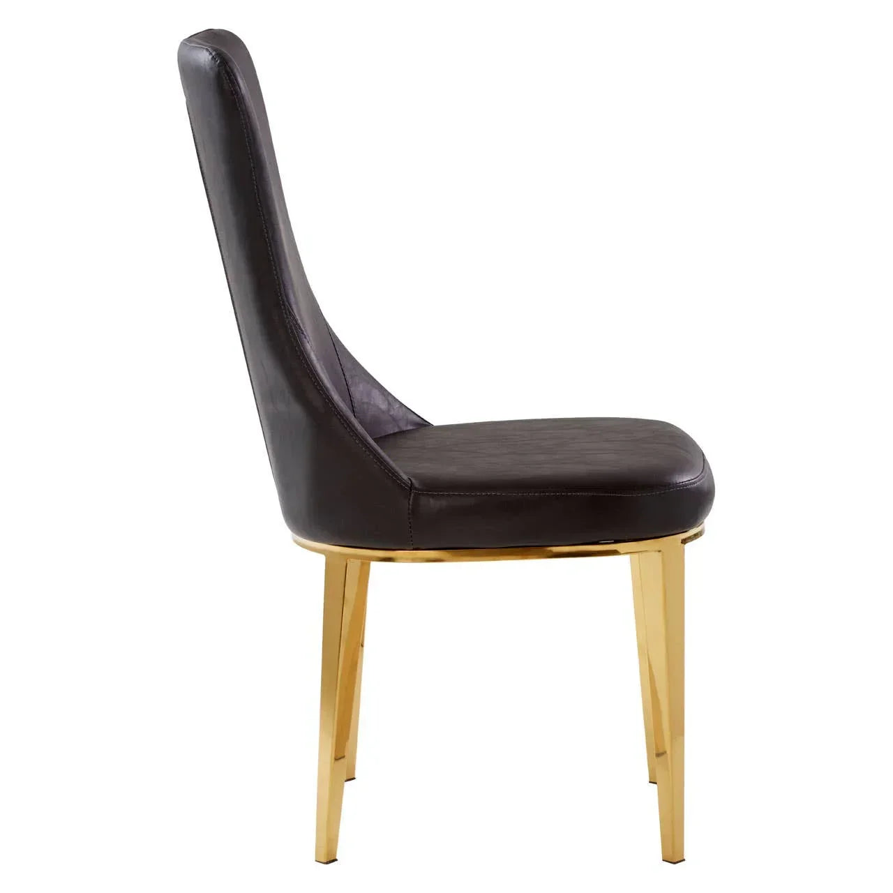 Brown leather dining chair with gold metal legs, side view