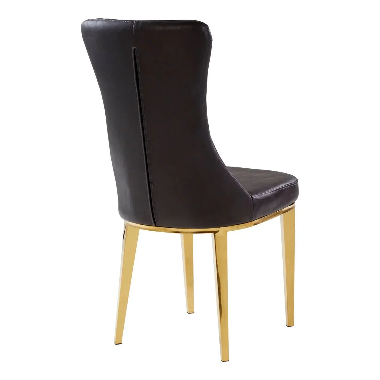 Dark brown leather dining chair with gold metal legs, rear angled view