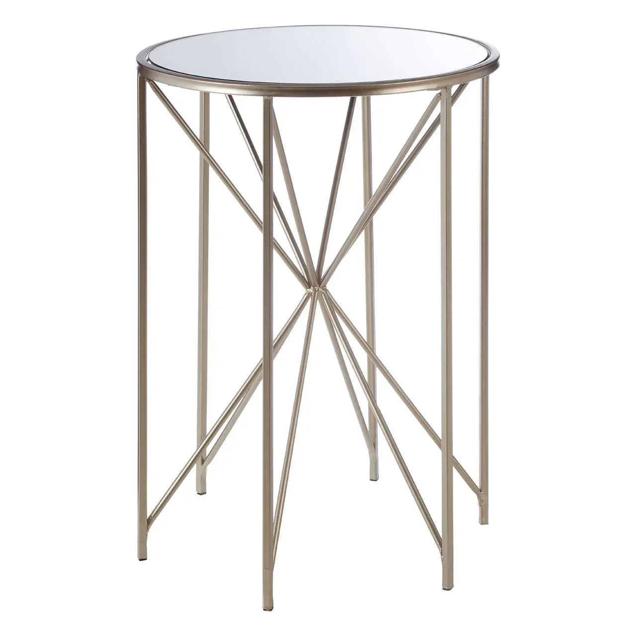 Round mirrored side table with gold metal frame and geometric base