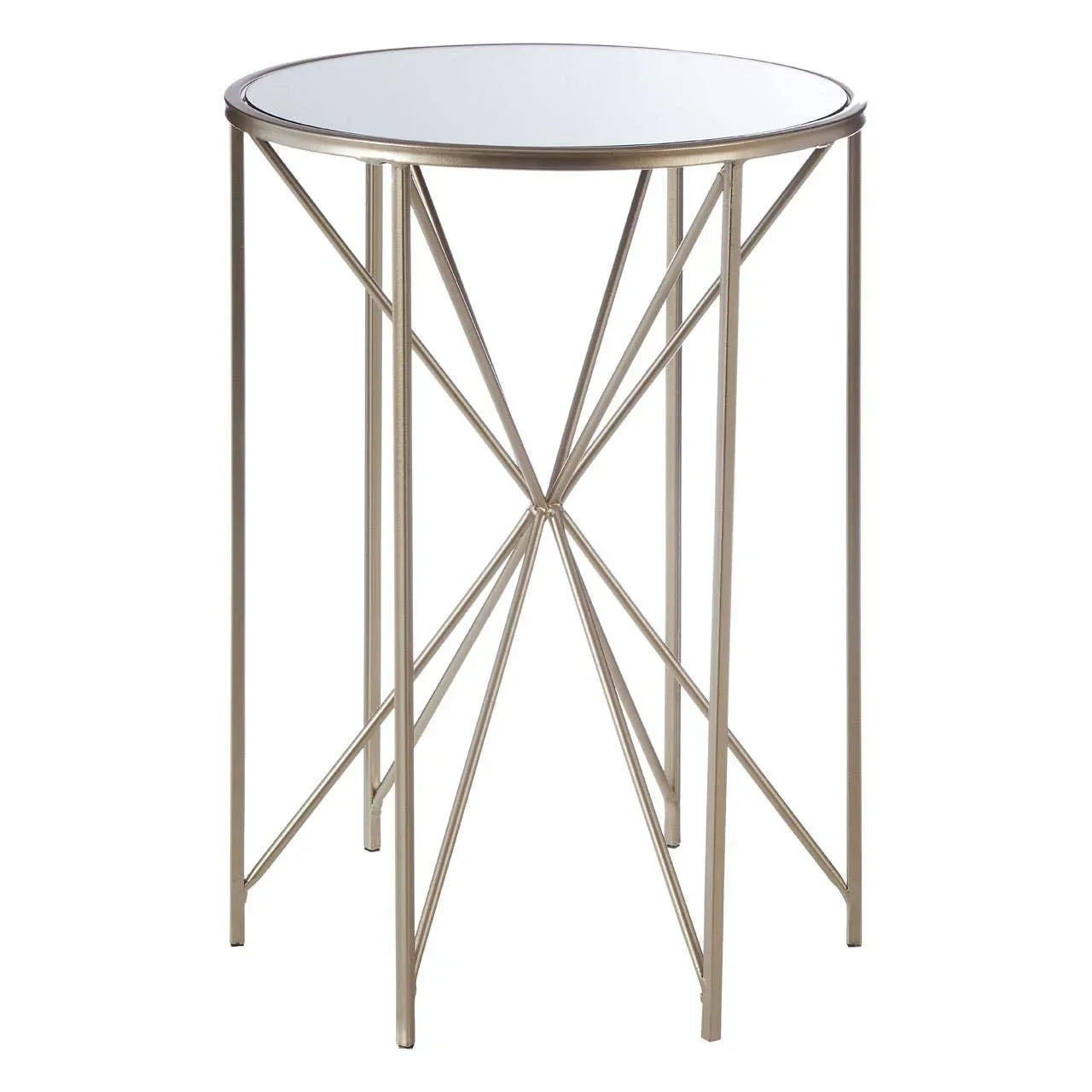 Round glass top side table with gold metal frame and geometric leg design