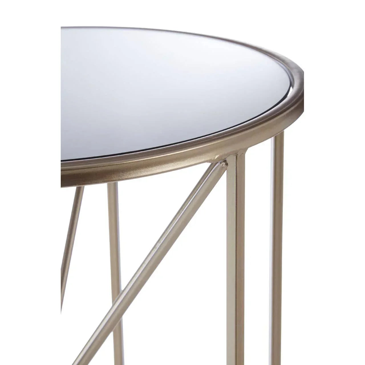 Round glass top side table with gold metal frame and geometric leg design