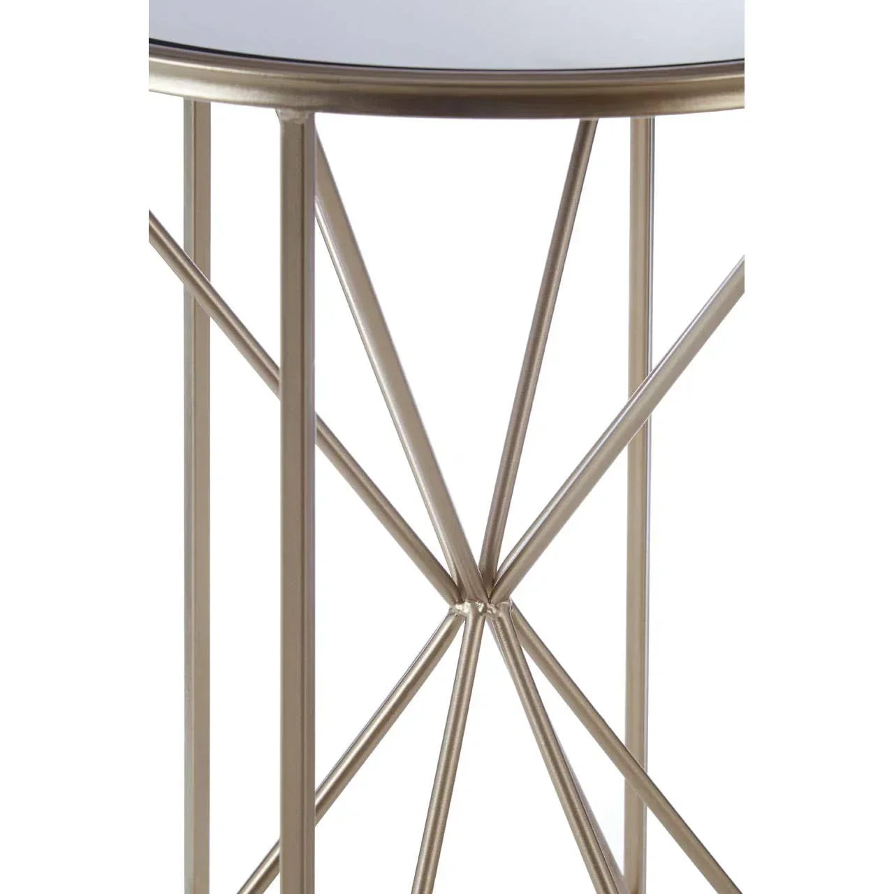 Gold metal side table with glass top and geometric crossed frame detail