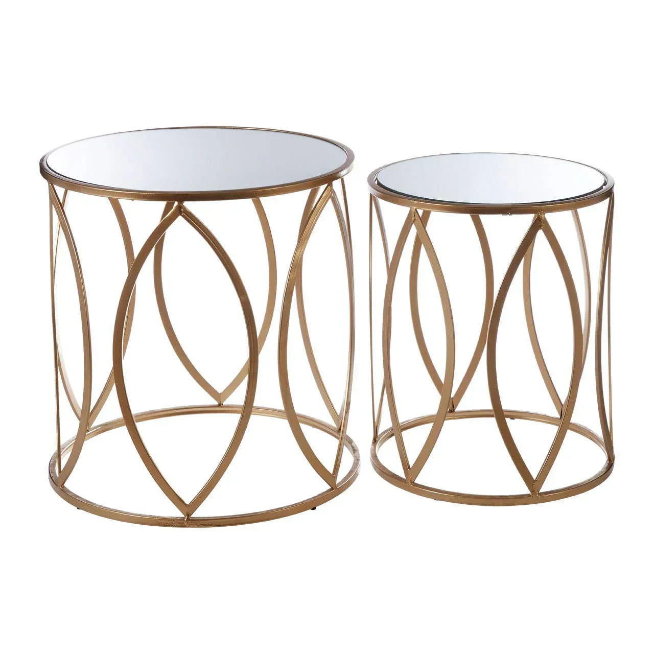 Set of two gold metal side tables with mirrored glass tops and open lattice bases