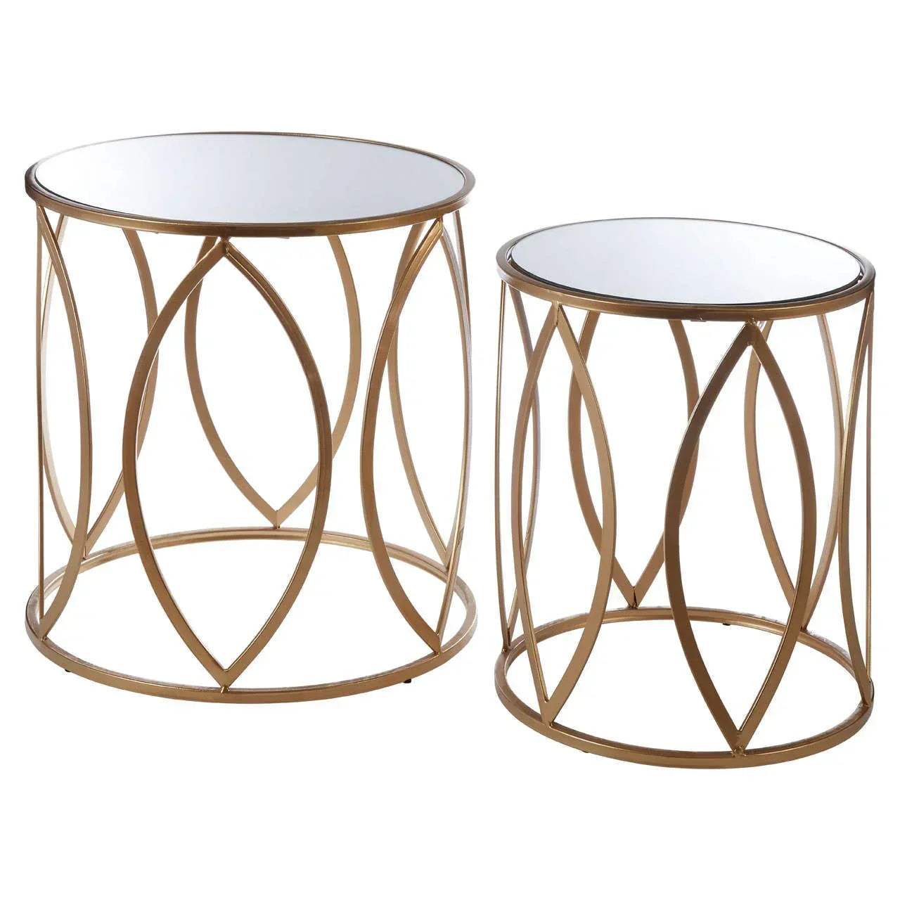 Gold metal side tables with mirrored tops and geometric openwork frames, set of two