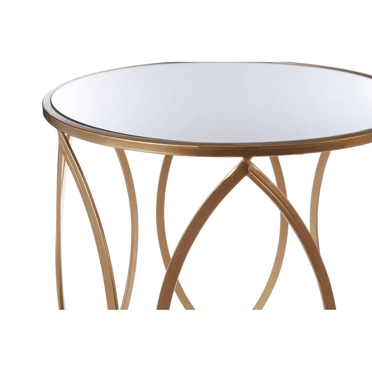 Round mirrored side table with gold metal frame and geometric legs