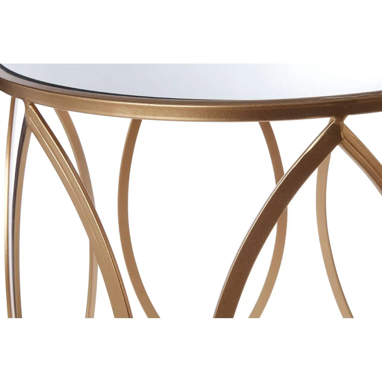 Round glass top side table with gold metal frame and curved leg design, close-up view