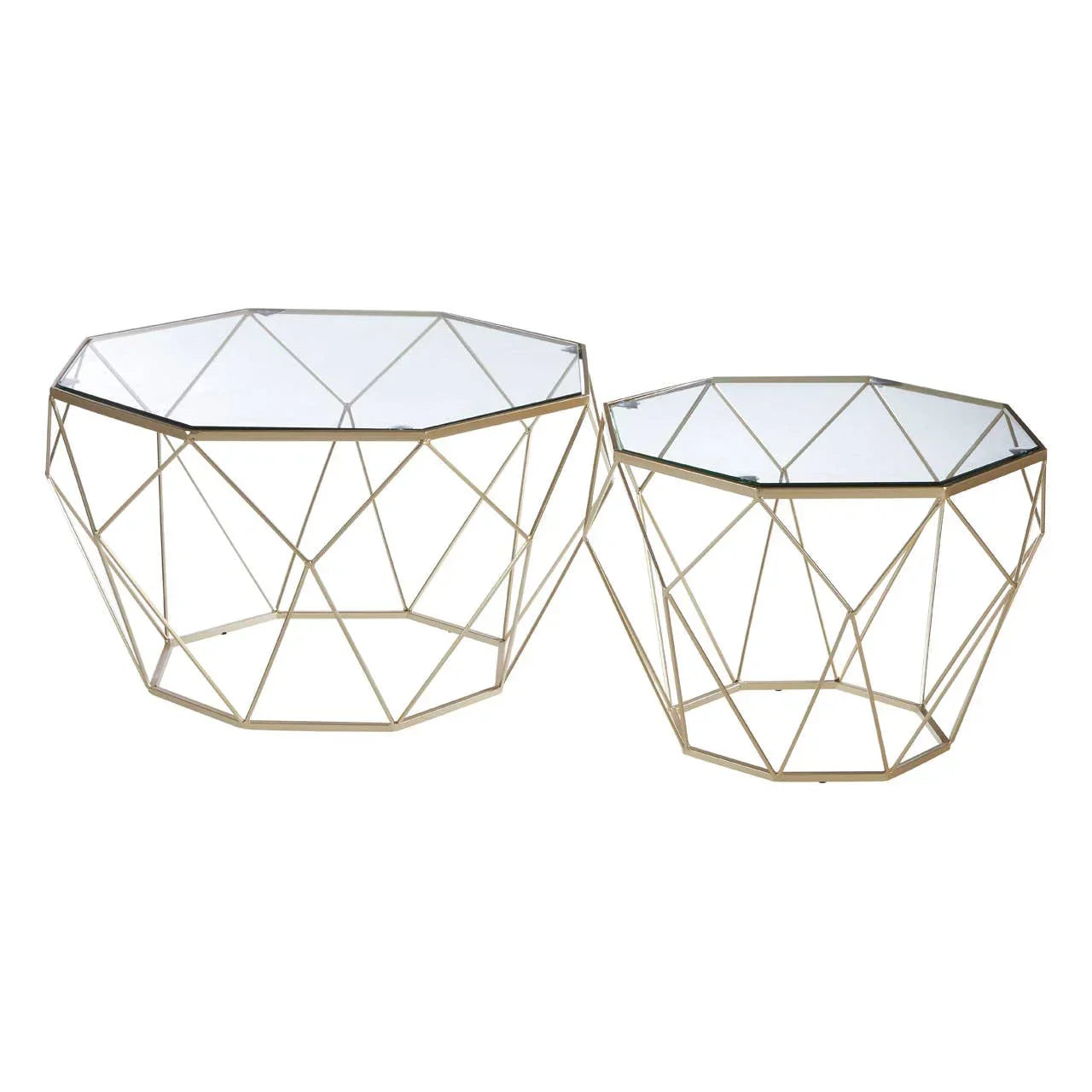 Geometric glass top coffee tables set with gold metal frames on white background