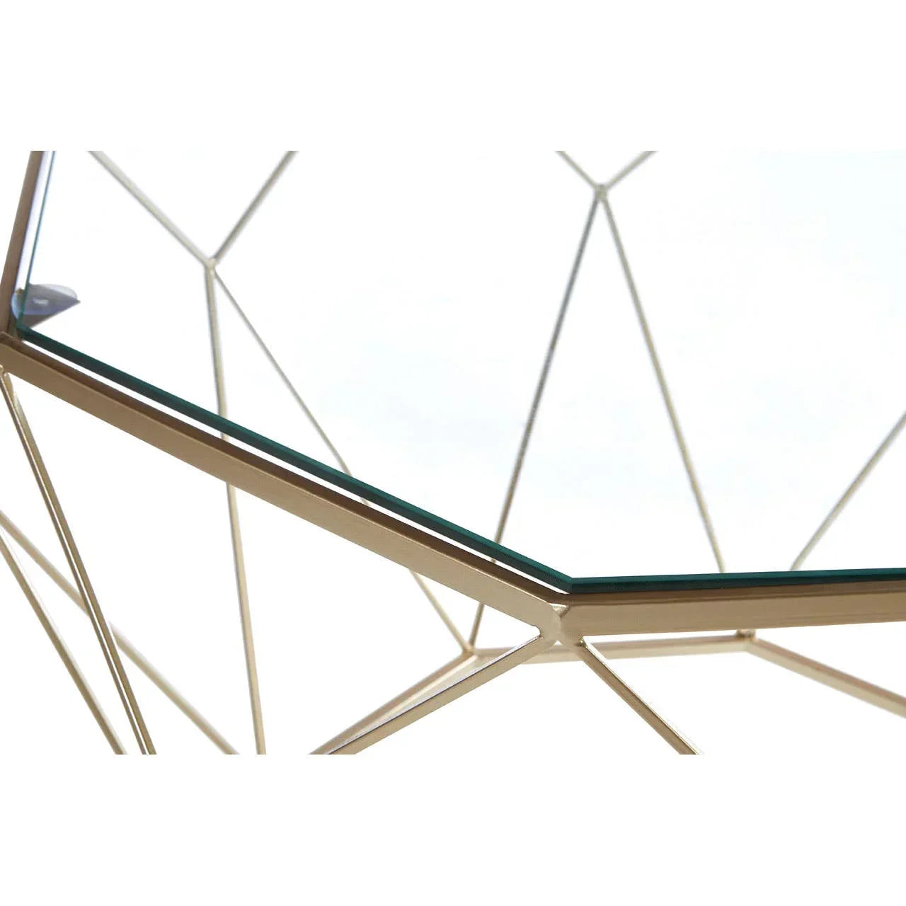 Glass coffee table with gold metal geometric frame closeup