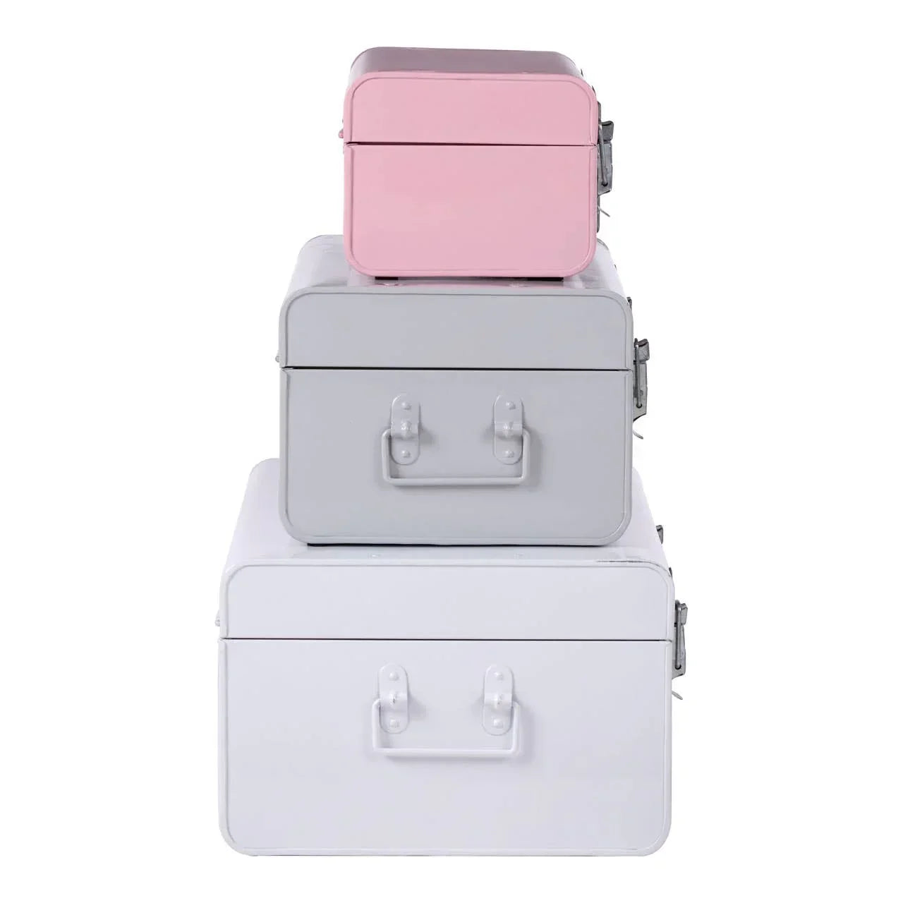 Set of three metal storage trunks in pink, grey, and white stacked vertically