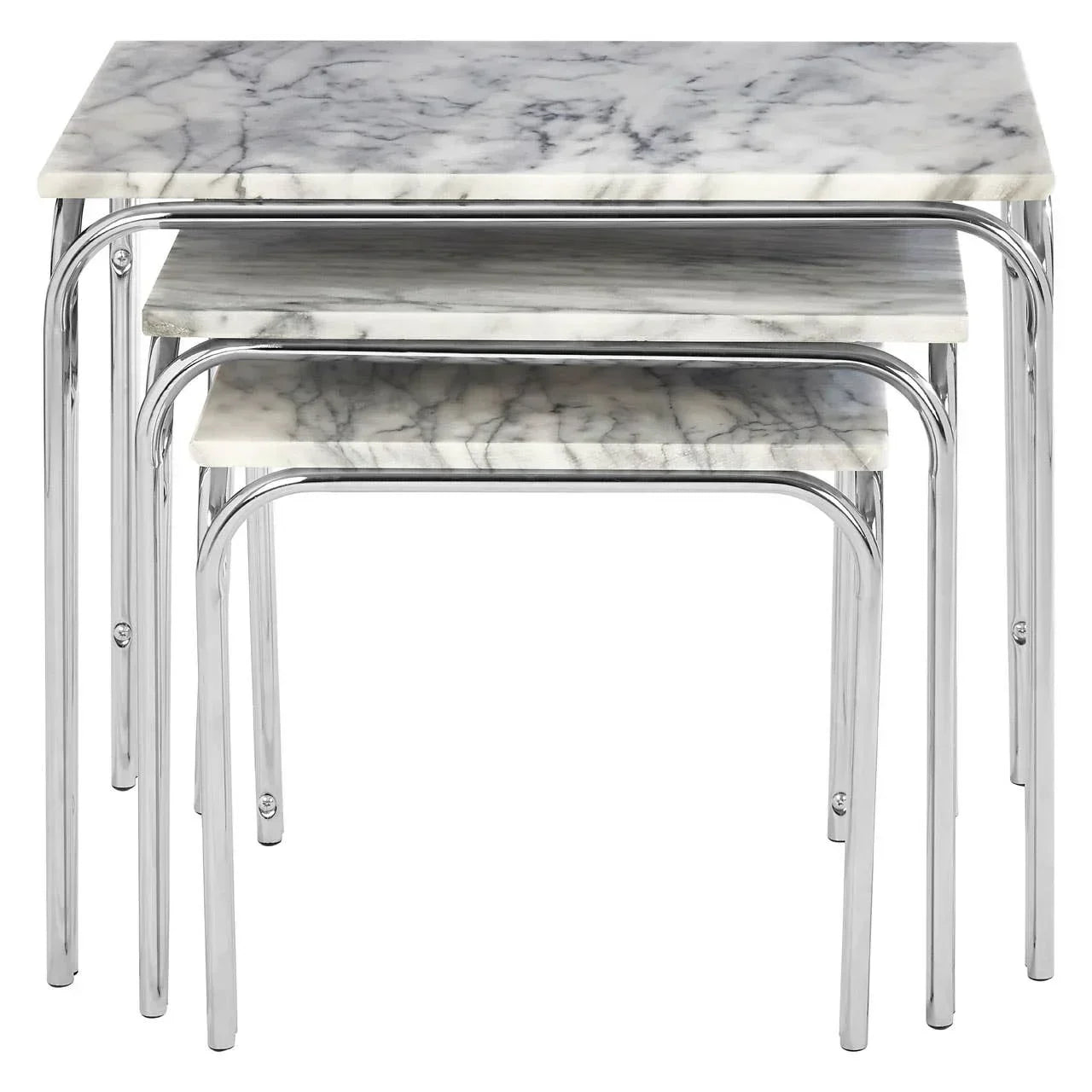 Set of three marble effect nesting tables with chrome legs, stacked together