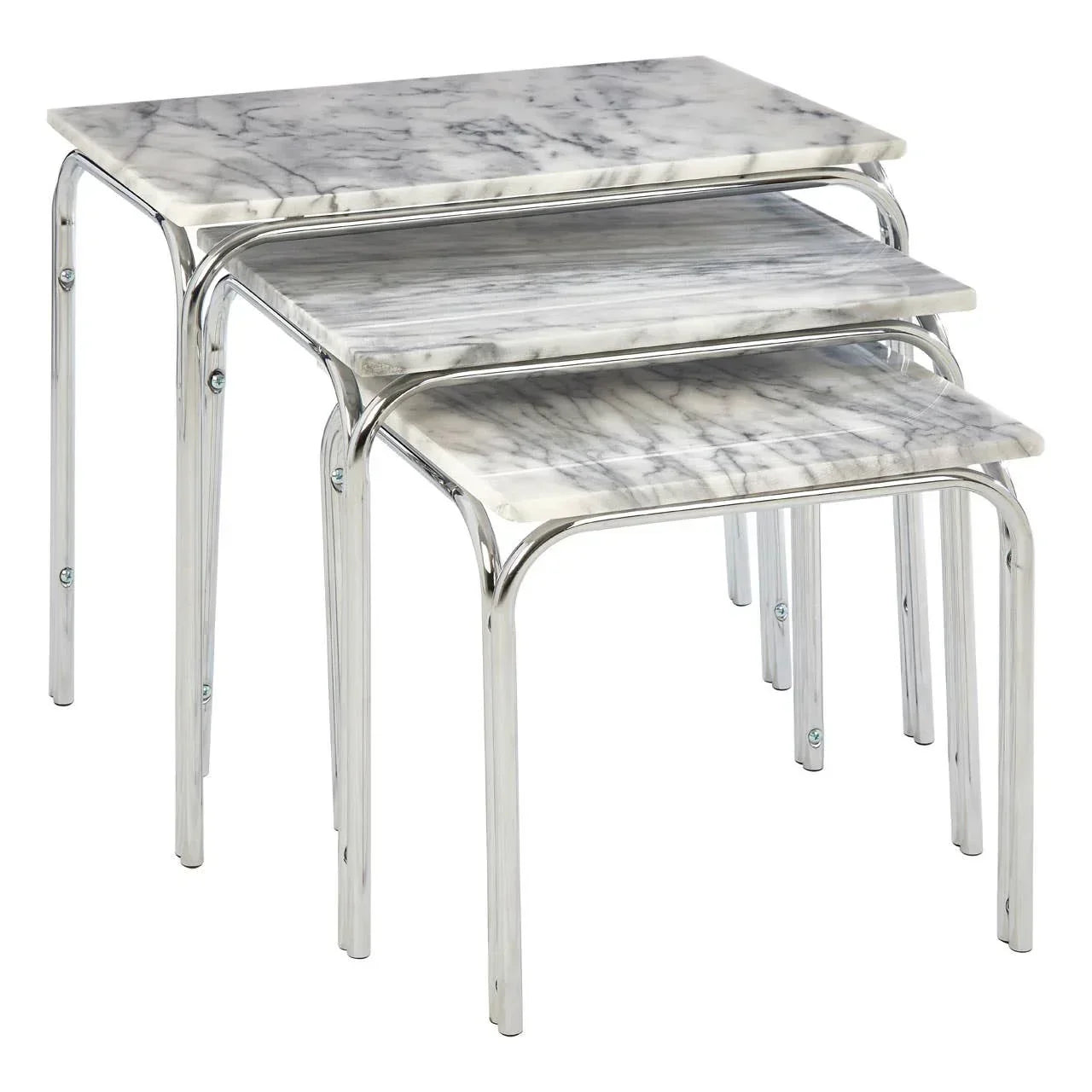Marble effect nesting tables with chrome legs, displayed stacked in three sizes